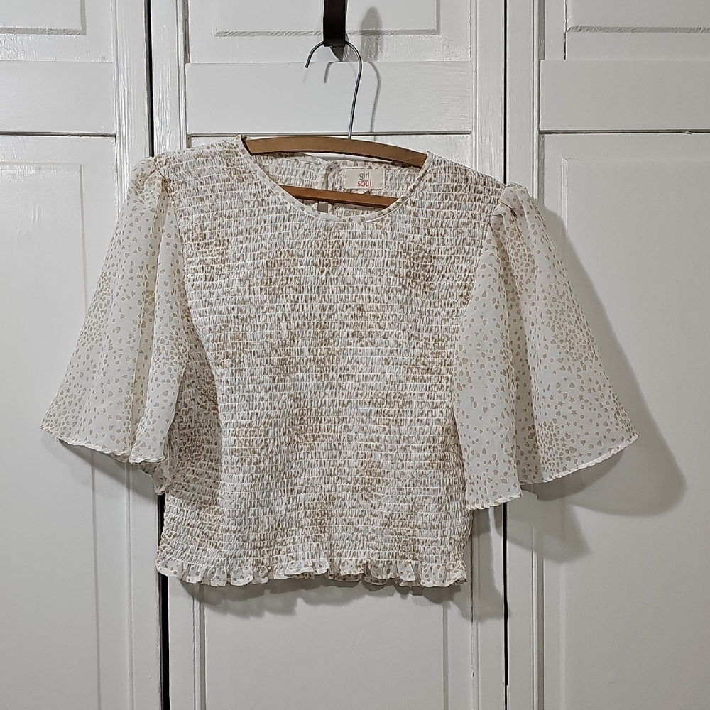 Girl Soul Cream And Tan Blouse with Subtle Pattern And Flutter Sleeves.